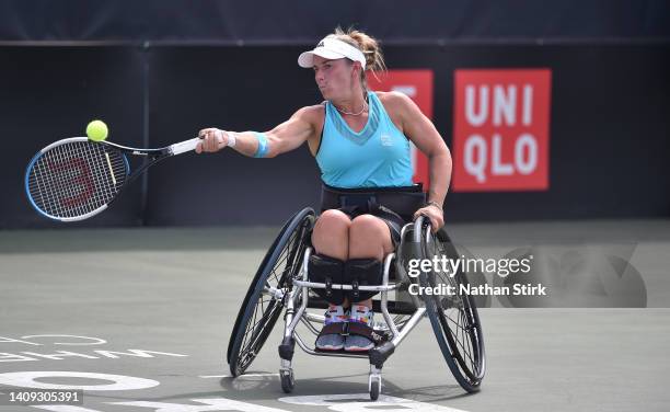 Lucy Shuker of Great Britain plays in the British Open woman's singles trophy against Aniek Van Koot of Netherlands during day six of the British...