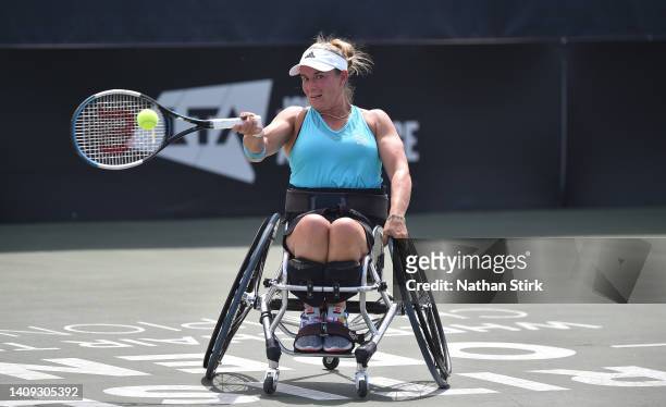 Lucy Shuker of Great Britain plays in the British Open woman's singles trophy against Aniek Van Koot of Netherlands during day six of the British...