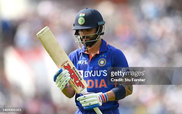India batsman Virat Kohli reacts after being dismissed by ReeceTopley during the 3rd Royal London Series One Day International match between England...
