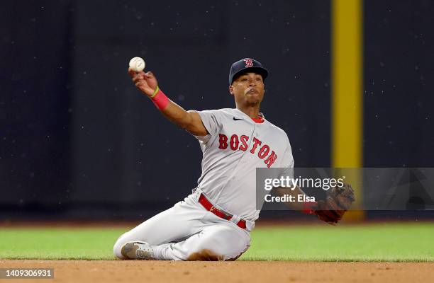 Jeter Downs of the Boston Red Sox fields a hit by Josh Donaldson of the New York Yankees at Yankee Stadium on July 16, 2022 in the Bronx borough of...