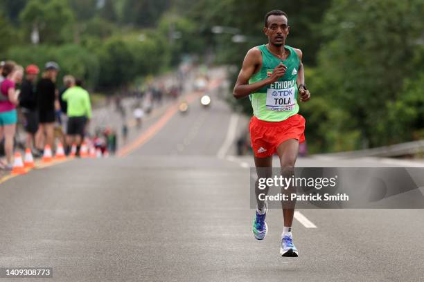 Tamirat Tola of Team Ethiopia competes in the Men's Marathon on day three of the World Athletics Championships Oregon22 at Hayward Field on July 17,...