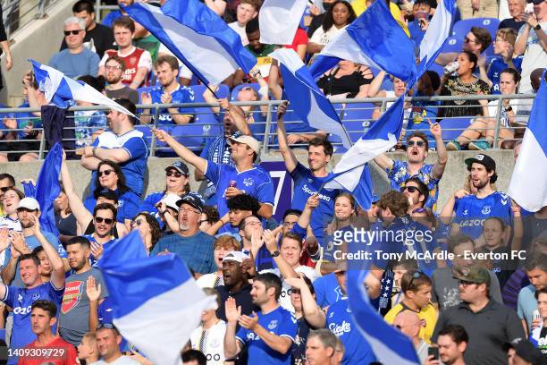 Everton fans and flags during the pre-season friendly match between Arsenal and Everton at M&T Bank Stadium on July 16, 2022 in Baltimore, Maryland.