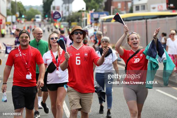 Switzerland fans arrive at the stadium prior to the UEFA Women's Euro 2022 group C match between Switzerland and Netherlands at Bramall Lane on July...