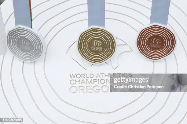 Detail of medals prior to the start of the Men's Marathon on day three of the World Athletics Championships Oregon22 at Hayward Field on July 17,...