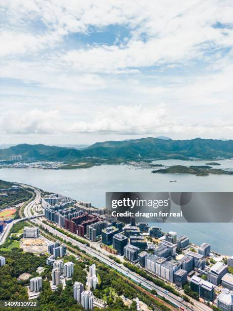 aerial view of pak shek kok & science park - novos territórios imagens e fotografias de stock