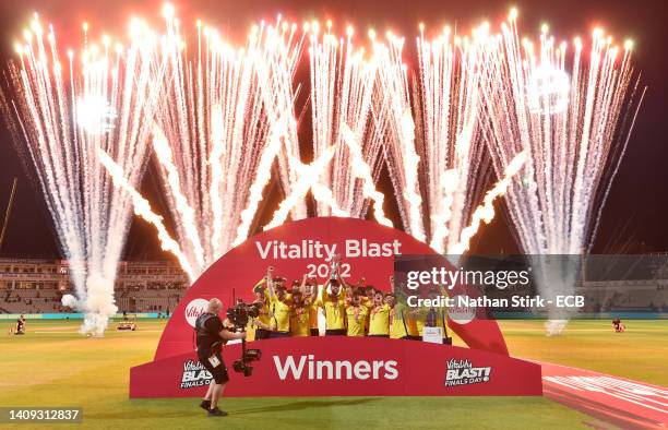 James Vince of Hampshire lifts the vitality trophy alongside his teammates during the Vitality Blast Final match between Lancashire Lightning and...