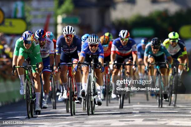 Wout Van Aert of Belgium and Team Jumbo - Visma Green Points Jersey, Mads Pedersen of Denmark and Team Trek - Segafredo and Jasper Philipsen of...