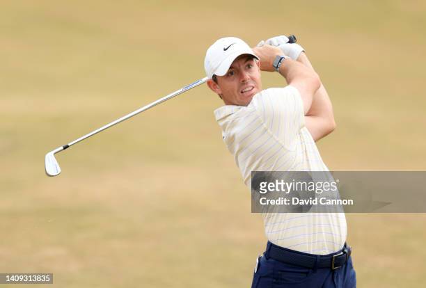 Rory McIlroy of Northern Ireland plays his second shot on the fifth hole during the final round of The 150th Open on The Old Course at St Andrews on...