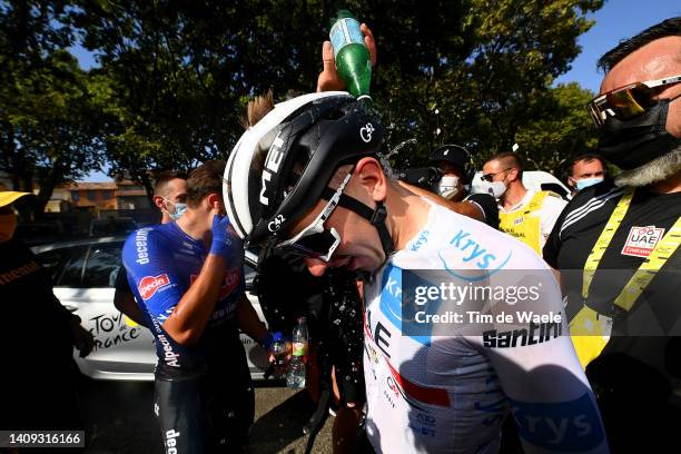 Tadej Pogacar of Slovenia and UAE Team Emirates white best young jersey cools down to refresh itself during the 109th Tour de France 2022, Stage 15 a...