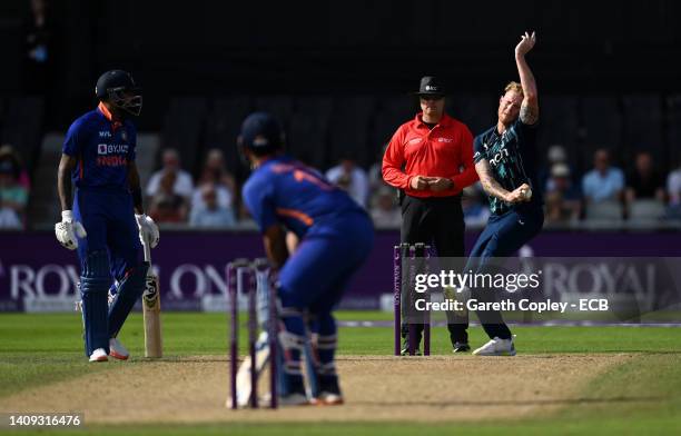 Ben Stokes of England bowls at Rishabh Pant of India during the 3rd Royal London Series One Day International match between England and India at...