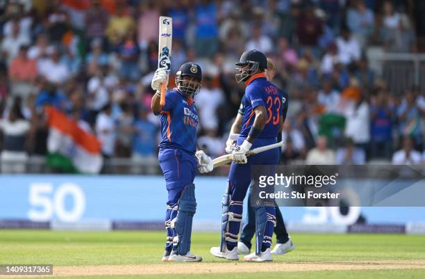 India batsman Rishabh Pant reaches his 50 during the 3rd Royal London Series One Day International match between England and India at Emirates Old...