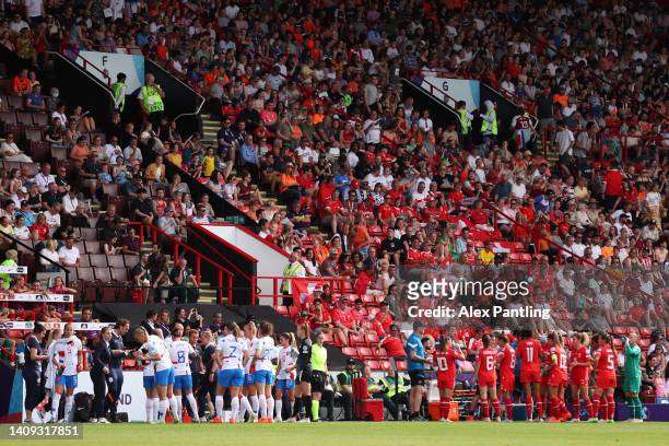 Both teams take a cooling break due to high temperatures during the UEFA Women's Euro 2022 group C match between Switzerland and Netherlands at...