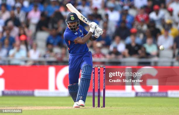 India batsman Hardik Pandya drives to the boundary during the 3rd Royal London Series One Day International match between England and India at...