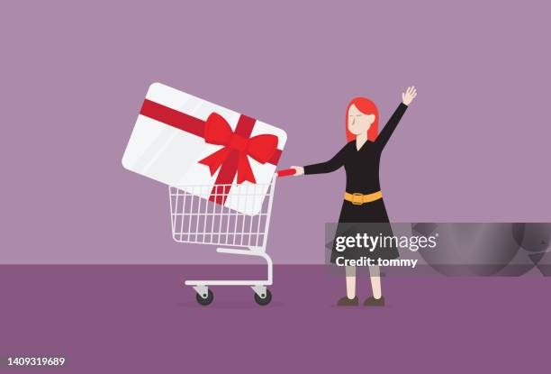 ein kunde verwendet eine geschenkkarte in einem geschäft - bonuskarte stock-grafiken, -clipart, -cartoons und -symbole