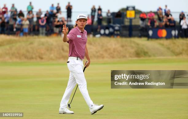 Cameron Smith of Australia acknowledges the crowd on the 13th green during Day Four of The 150th Open at St Andrews Old Course on July 17, 2022 in St...