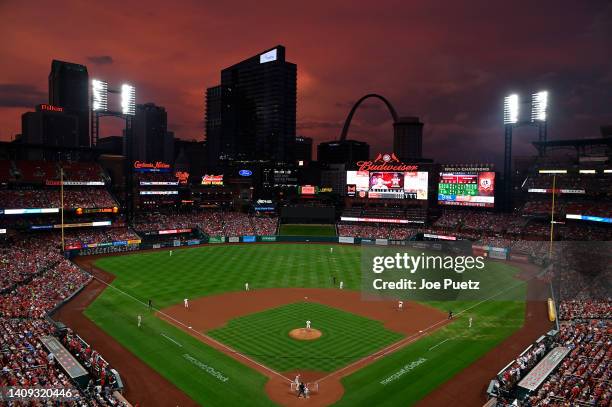 General view of Busch Stadium during a game between the St. Louis Cardinals and the Philadelphia Phillies at Busch Stadium on July 8, 2022 in St...