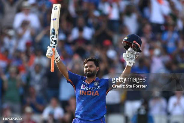 India batsman Rishabh Pant reaches his 100 during the 3rd Royal London Series One Day International match between England and India at Emirates Old...