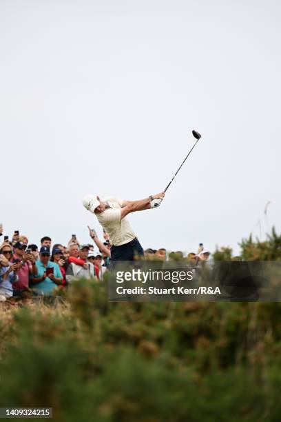 Rory McIlroy of Northern Ireland tees off on the 9th hole during Day Four of The 150th Open at St Andrews Old Course on July 17, 2022 in St Andrews,...