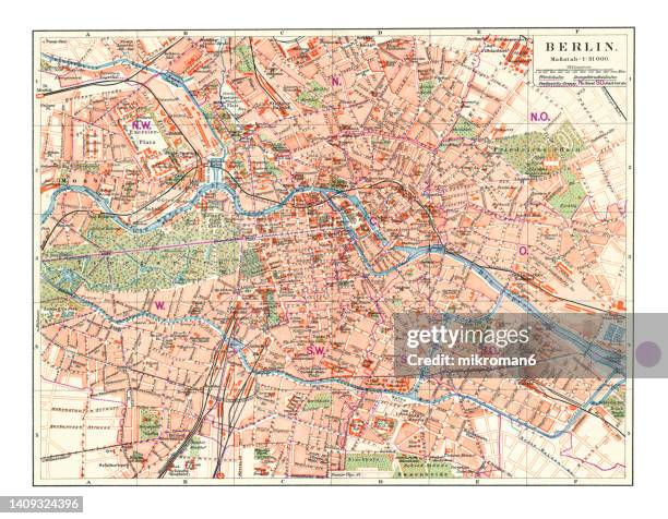 old chromolithograph map of berlin, capital and largest city of germany by both area and population - berlin map stock pictures, royalty-free photos & images