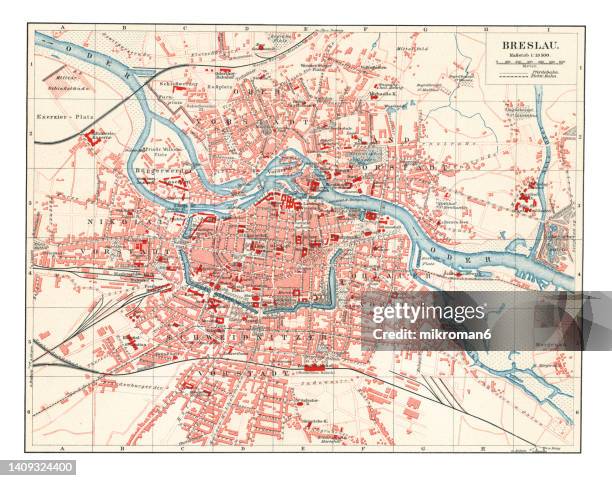 old chromolithograph map of wrocław, southwestern poland and the largest city in the historical region of silesia - poland map stock pictures, royalty-free photos & images
