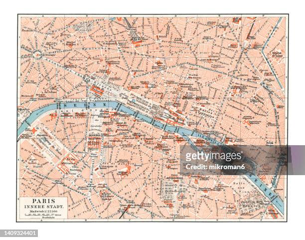 old chromolithograph map of paris (inner city), capital and most populous city of france - paris island stock pictures, royalty-free photos & images