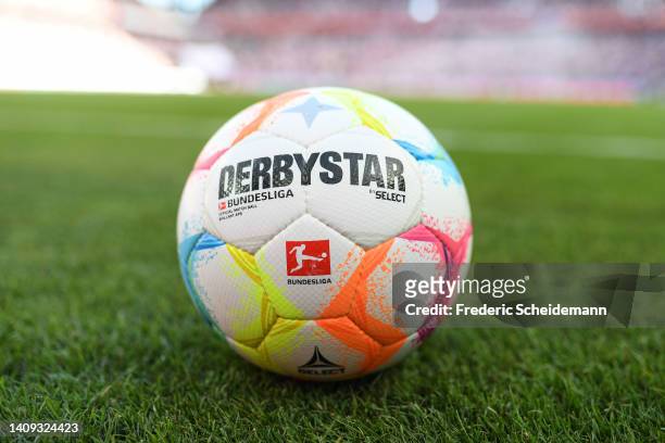 Detailed view of the Select Derbystar matchball prior to the FC Koeln v AC Milan game at RheinEnergieStadion on July 16, 2022 in Cologne, Germany.