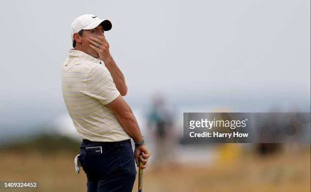 Rory McIlroy of Northern Ireland reacts during Day Four of The 150th Open at St Andrews Old Course on July 17, 2022 in St Andrews, Scotland.