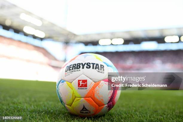 Detailed view of the Select Derbystar matchball prior to the FC Koeln v AC Milan game at RheinEnergieStadion on July 16, 2022 in Cologne, Germany.