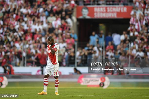 Anthony Modeste of FC Koeln reacts during to the FC Koeln v AC Milan game at RheinEnergieStadion on July 16, 2022 in Cologne, Germany.