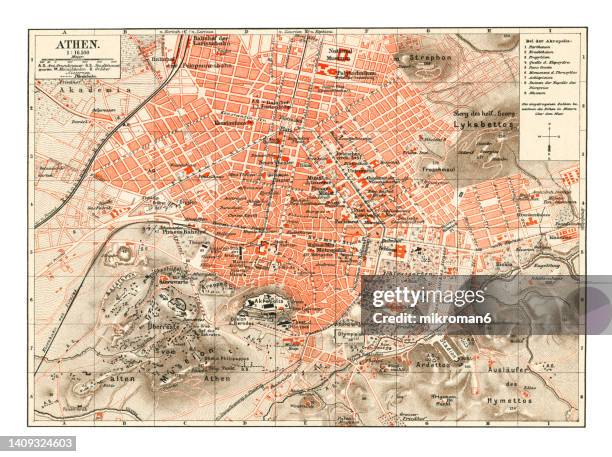 old chromolithograph map of athens, capital city of greece - korinthisch stock-fotos und bilder