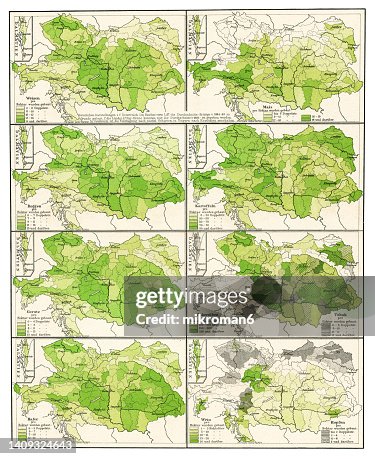 Old chromolithograph map of agriculture in Austro-Hungary