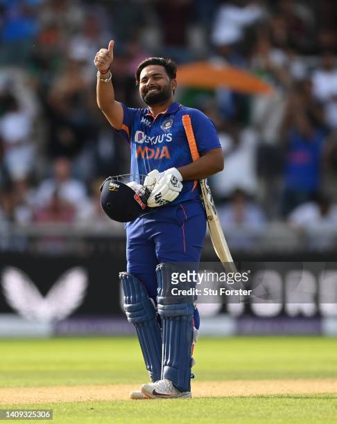 India batsman Rishabh Pant celebrates after hitting the winning runs during the 3rd Royal London Series One Day International match between England...
