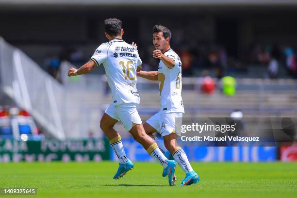 Adrián Aldrete of Pumas celebrates the first scored goal of Pumas during the 3rd round match between Pumas UNAM and Necaxa as part of the Torneo...