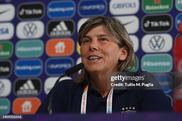 Milena Bertolini, Head Coach of Italy, speaks to the media during the UEFA Women's Euro England 2022 Italy Press Conference And Training Session at...