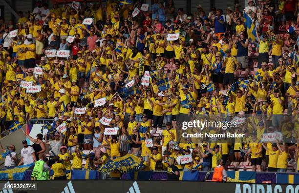 Sweden fans celebrate a goal which was later disallowed by VAR for offside during the UEFA Women's Euro 2022 group C match between Sweden and...