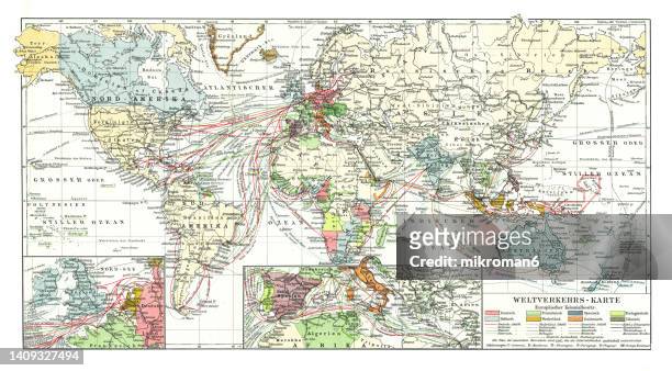 old chromolithograph map of world traffic european colonial possessions - colony stockfoto's en -beelden