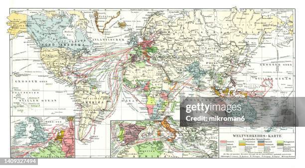 old chromolithograph map of world traffic european colonial possessions - colonialism stock pictures, royalty-free photos & images