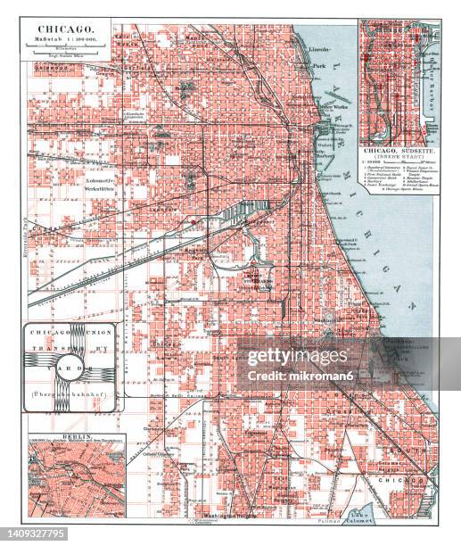 old chromolithograph map of chicago, usa - chicago map stockfoto's en -beelden
