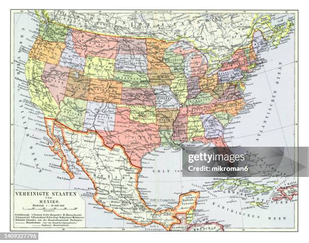 old chromolithograph map of the united states and mexico - nevada map stock pictures, royalty-free photos & images