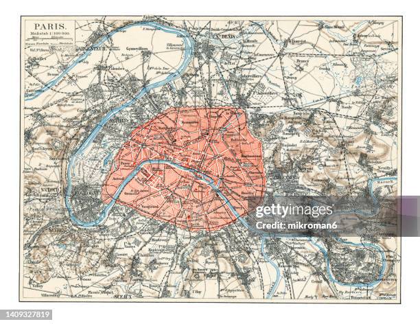 old chromolithograph map of paris, capital and most populous city of france - map paris photos et images de collection
