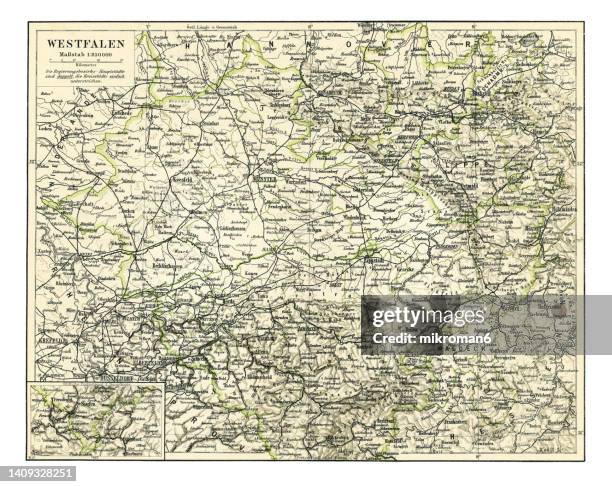 old chromolithograph map of westphalia, region of northwestern germany and one of the three historic parts of the state of north rhine-westphalia - nrw karte stock-fotos und bilder