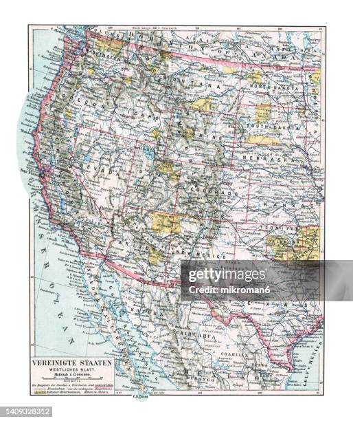 old chromolithograph map of western part of the united states - oregon v utah stock-fotos und bilder