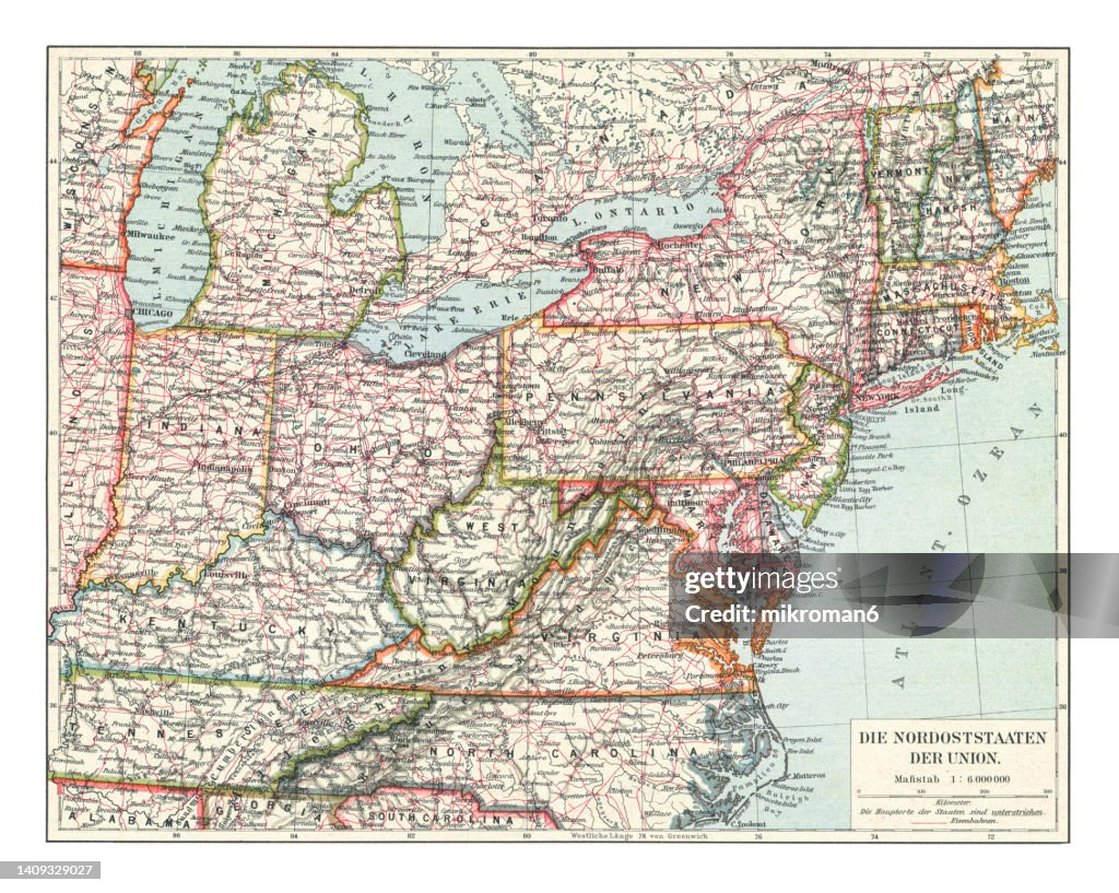 Old chromolithograph map of Eastern part of the United States