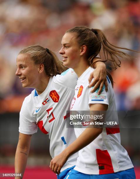 Romee Leuchter of The Netherlands celebrates with teammate Noelle Maritz after scoring their side's second goal during the UEFA Women's Euro 2022...