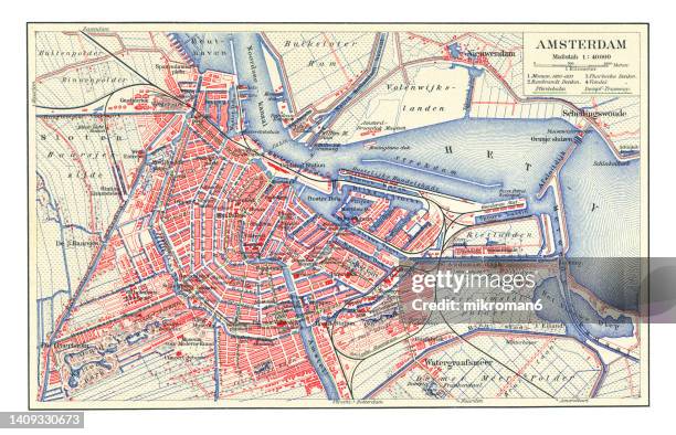 old chromolithograph map of amsterdam, capital and most populous city of the netherlands - amsterdam map stock pictures, royalty-free photos & images