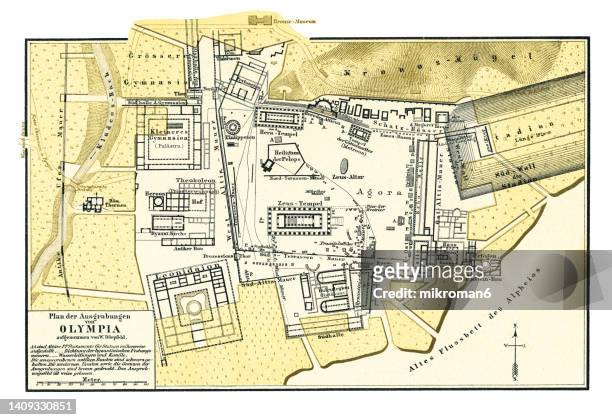 old chromolithograph plan of the excavations of olimpia, small town in elis on the peloponnese peninsula in greece - corinthian stock pictures, royalty-free photos & images