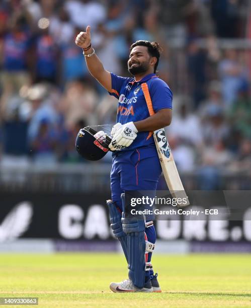 Rishabh Pant of India celebrates hitting the winning runs to win the 3rd Royal London Series One Day International match between England and India at...