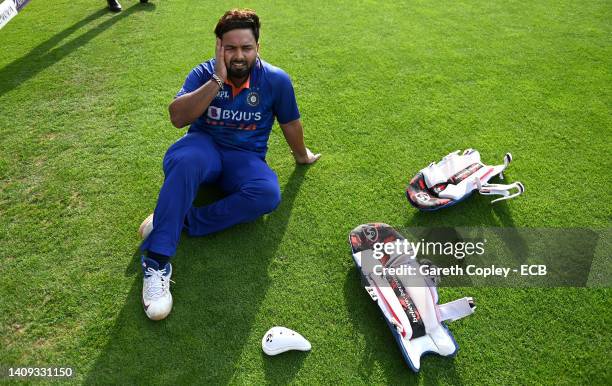 Rishabh Pant of India lies on the ground after winning the 3rd Royal London Series One Day International match between England and India at Emirates...