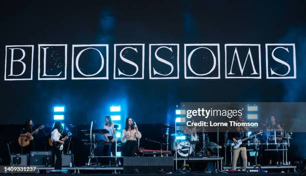 Josh Dewhurst, Myles Kellock, Tom Ogden, Joe Donovan and Charlie Salt of Blossoms perform at Finsbury Park on July 17, 2022 in London, England.