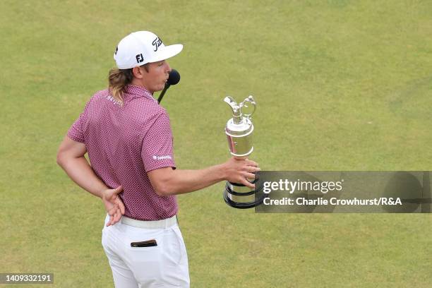 Cameron Smith of Australia speaks with The Claret Jug on the 18th hole during Day Four of The 150th Open at St Andrews Old Course on July 17, 2022 in...